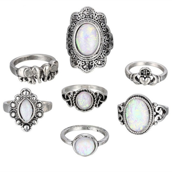 RS2 | 7PCS Boho Silver Ring Set White Stones - Picture 2 of 2